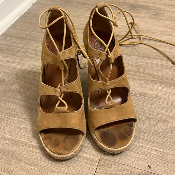 Tory Burch Shoes - Tory Burch Tan Suede Lace Up Wedged Sandals